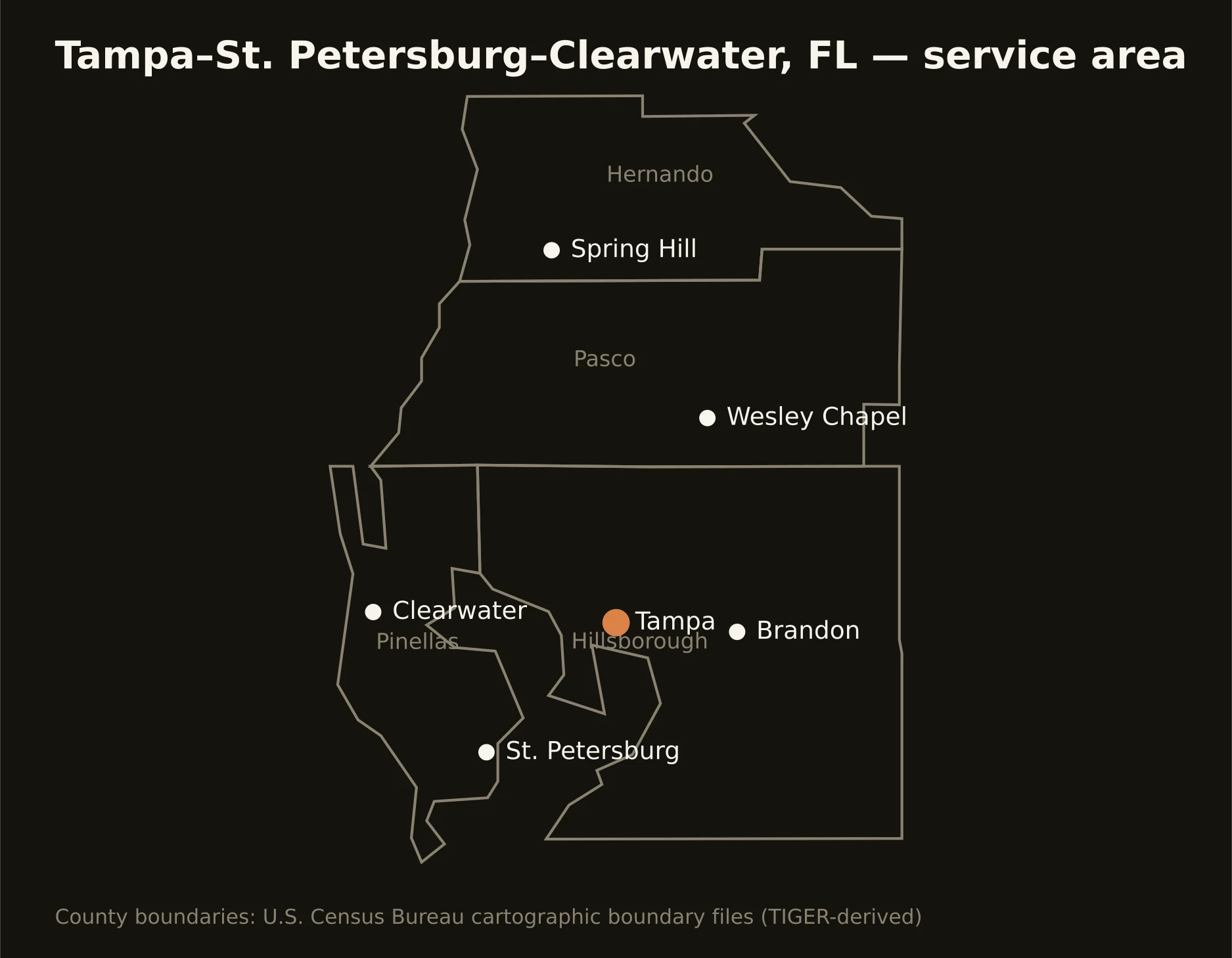 Tampa–St. Petersburg–Clearwater, FL directional drilling service area map — component counties and cities served